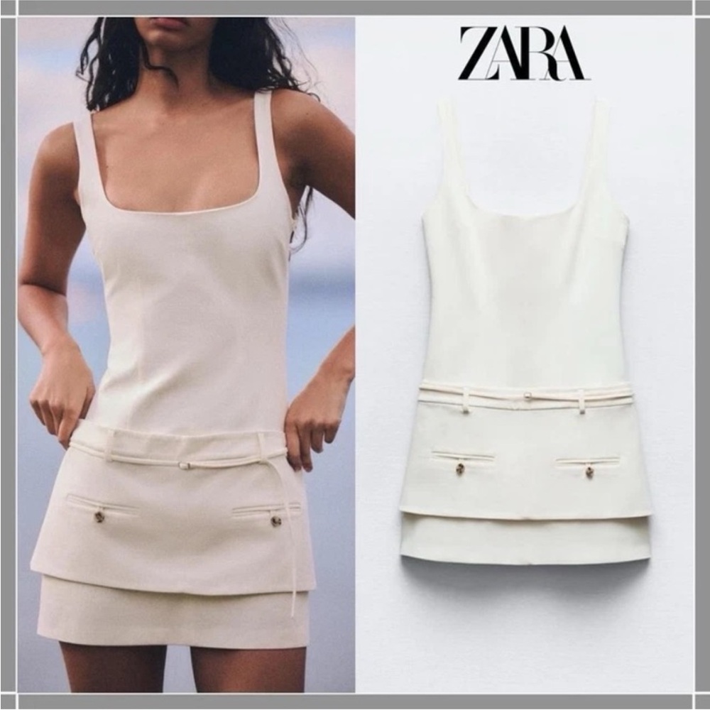 Zara Belted Cream Layered Mini Dress